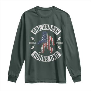 One Badass Bonus Dad Long Sleeve Shirt Vintage Bigfoot Stepdad Birthday Step Dad US Flag TS10 Dark Forest Green Print Your Wear