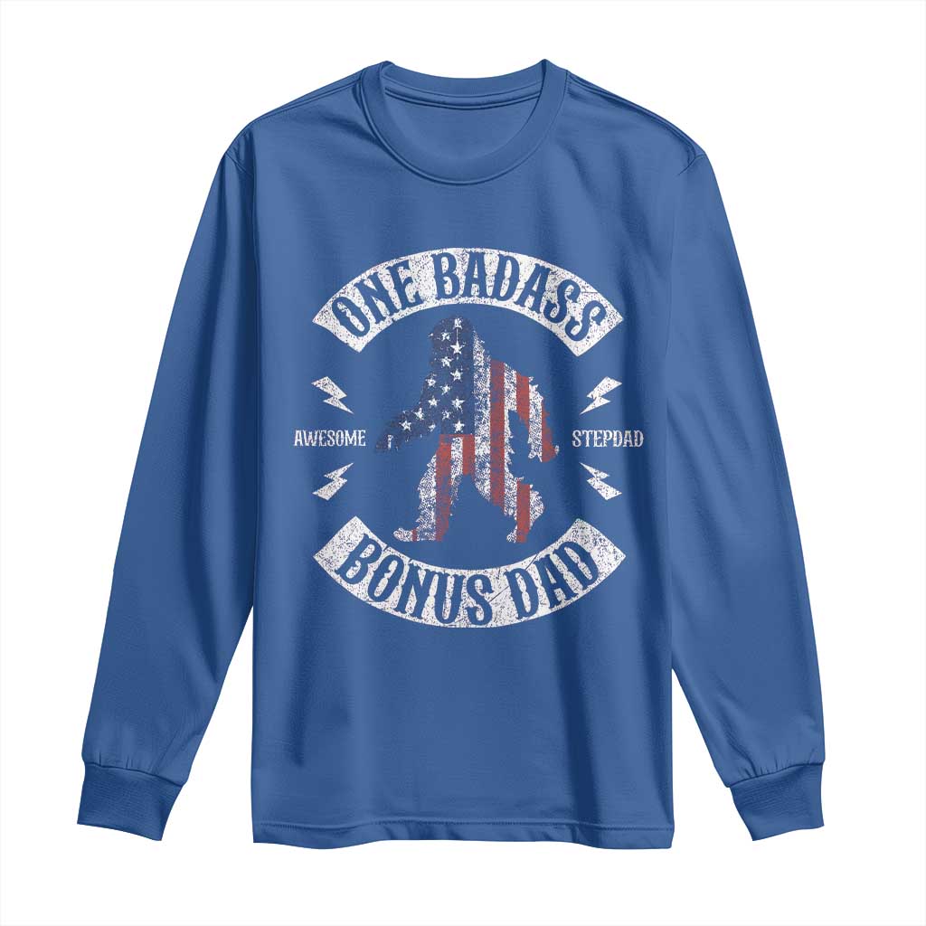 One Badass Bonus Dad Long Sleeve Shirt Vintage Bigfoot Stepdad Birthday Step Dad US Flag TS10 Royal Blue Print Your Wear