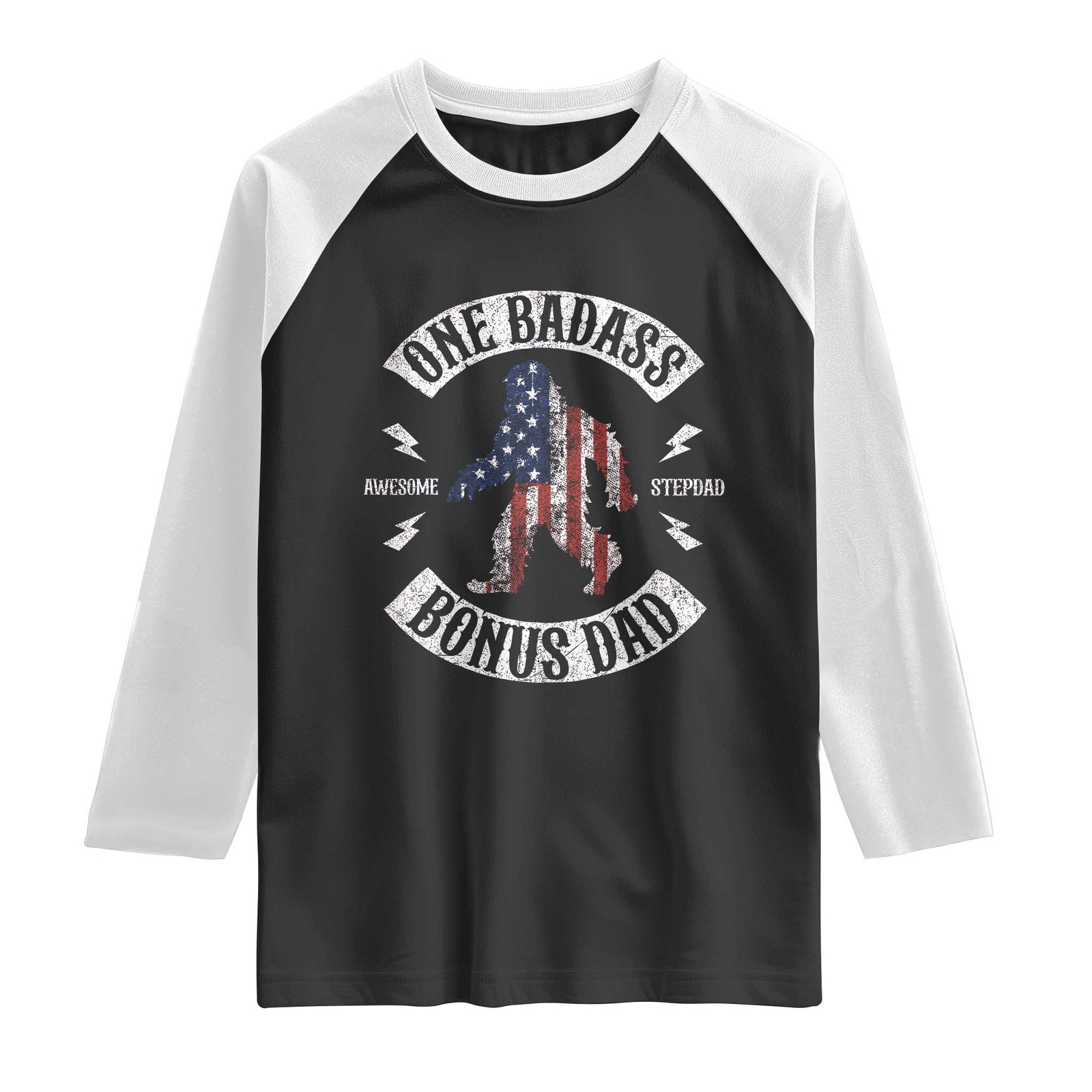 One Badass Bonus Dad Raglan Shirt Vintage Bigfoot Stepdad Birthday Step Dad US Flag TS10 Black White Print Your Wear