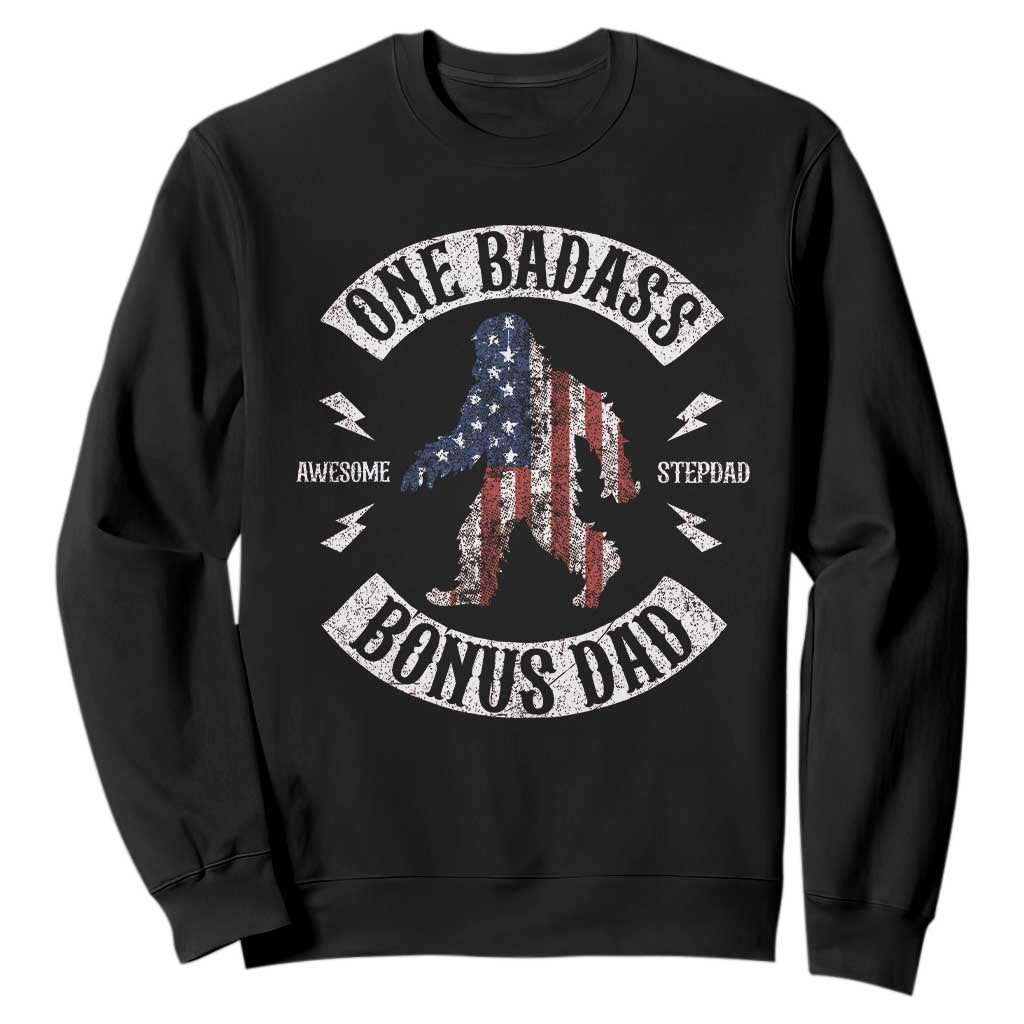 One Badass Bonus Dad Sweatshirt Vintage Bigfoot Stepdad Birthday Step Dad US Flag TS10 Black Print Your Wear