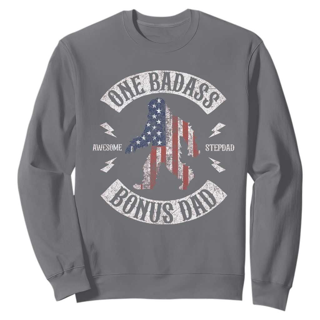 One Badass Bonus Dad Sweatshirt Vintage Bigfoot Stepdad Birthday Step Dad US Flag TS10 Charcoal Print Your Wear