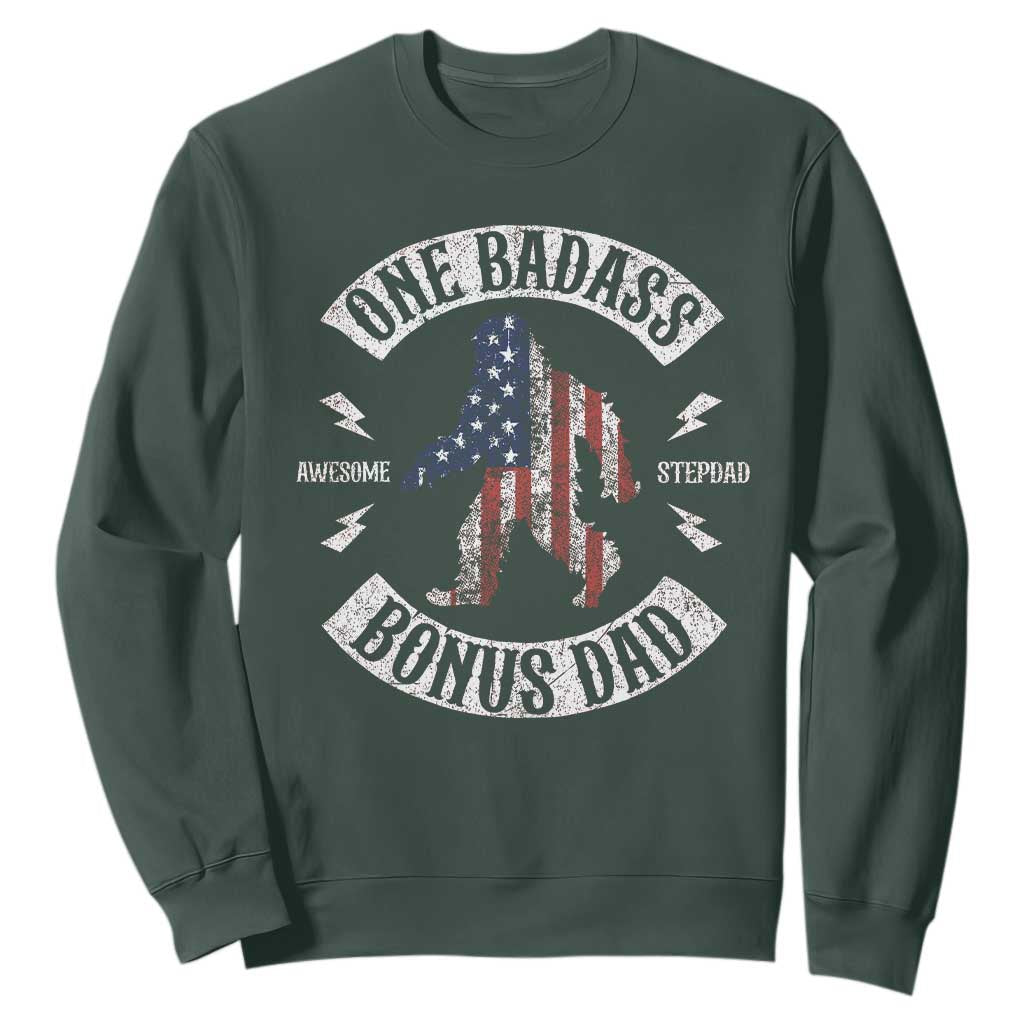 One Badass Bonus Dad Sweatshirt Vintage Bigfoot Stepdad Birthday Step Dad US Flag TS10 Dark Forest Green Print Your Wear