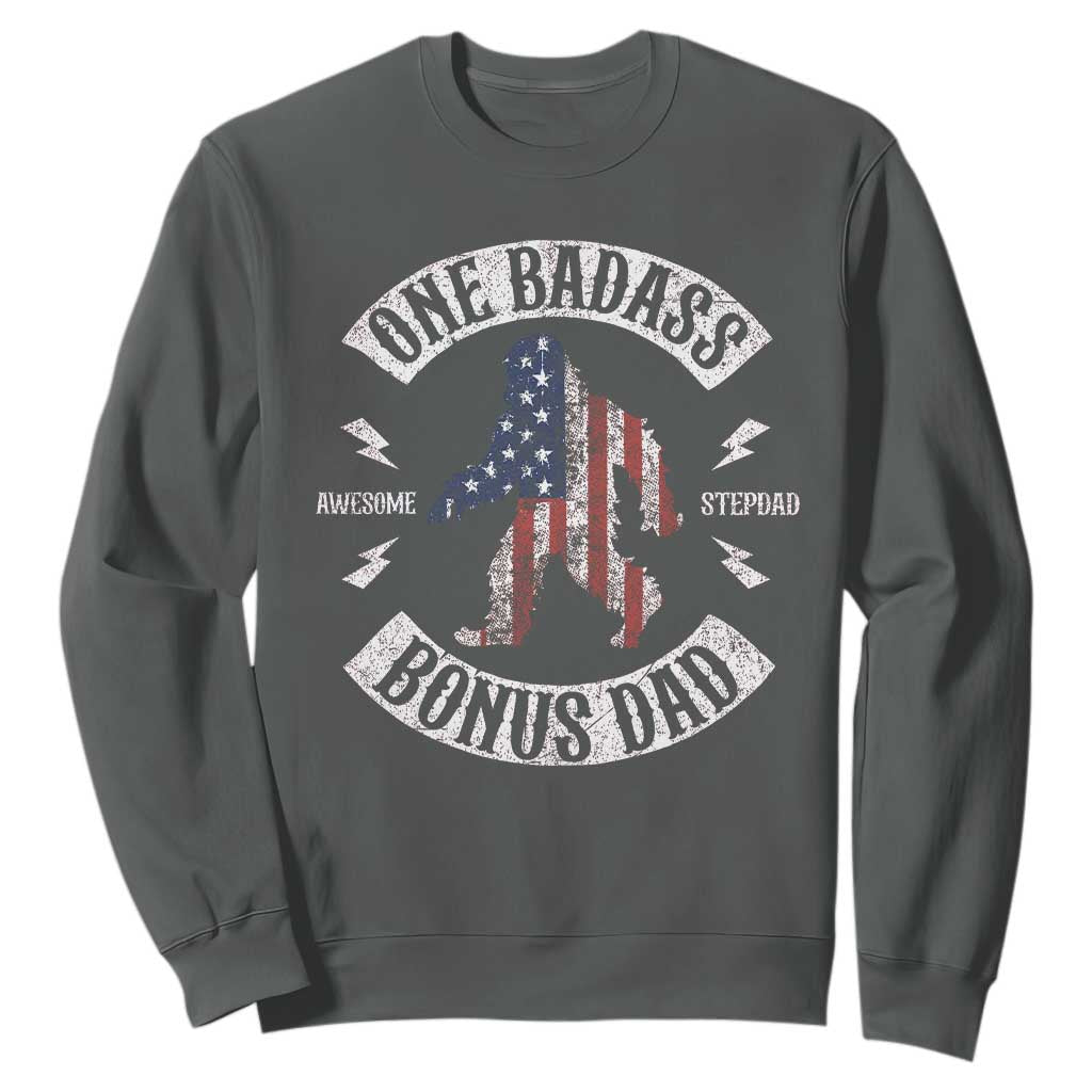 One Badass Bonus Dad Sweatshirt Vintage Bigfoot Stepdad Birthday Step Dad US Flag TS10 Dark Heather Print Your Wear