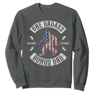 One Badass Bonus Dad Sweatshirt Vintage Bigfoot Stepdad Birthday Step Dad US Flag TS10 Dark Heather Print Your Wear
