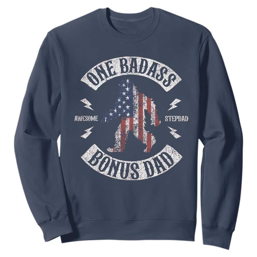 One Badass Bonus Dad Sweatshirt Vintage Bigfoot Stepdad Birthday Step Dad US Flag TS10 Navy Print Your Wear