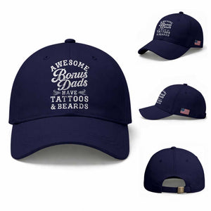 Funny Stepdad Baseball Cap Awesome Bonus Dads Have Tattoos And Beards TS10 Baseball Cap Universal Fit Dark Blue Print Your Wear