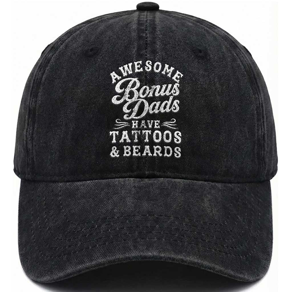 Funny Stepdad Washed Cotton Baseball Cap Awesome Bonus Dads Have Tattoos And Beards TS10 Print Your Wear