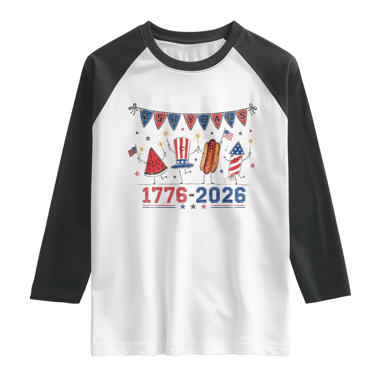 250th Anniversary USA Raglan Shirt Patriotic Watermelon Hotdog Firework 250 Years American 1776 2026 250th 4th July TS10 White Black Print Your Wear
