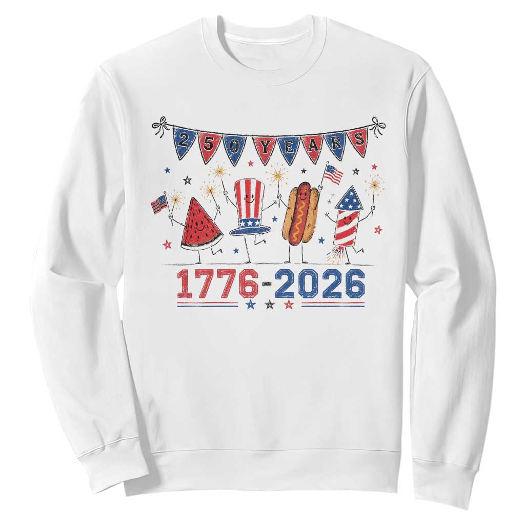 250th Anniversary USA Sweatshirt Patriotic Watermelon Hotdog Firework 250 Years American 1776 2026 250th 4th July TS10 White Print Your Wear