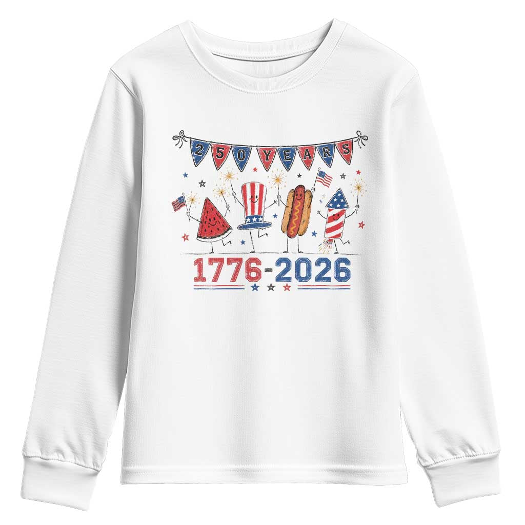 250th Anniversary USA Youth Sweatshirt Patriotic Watermelon Hotdog Firework 250 Years American 1776 2026 250th 4th July TS10 White Print Your Wear
