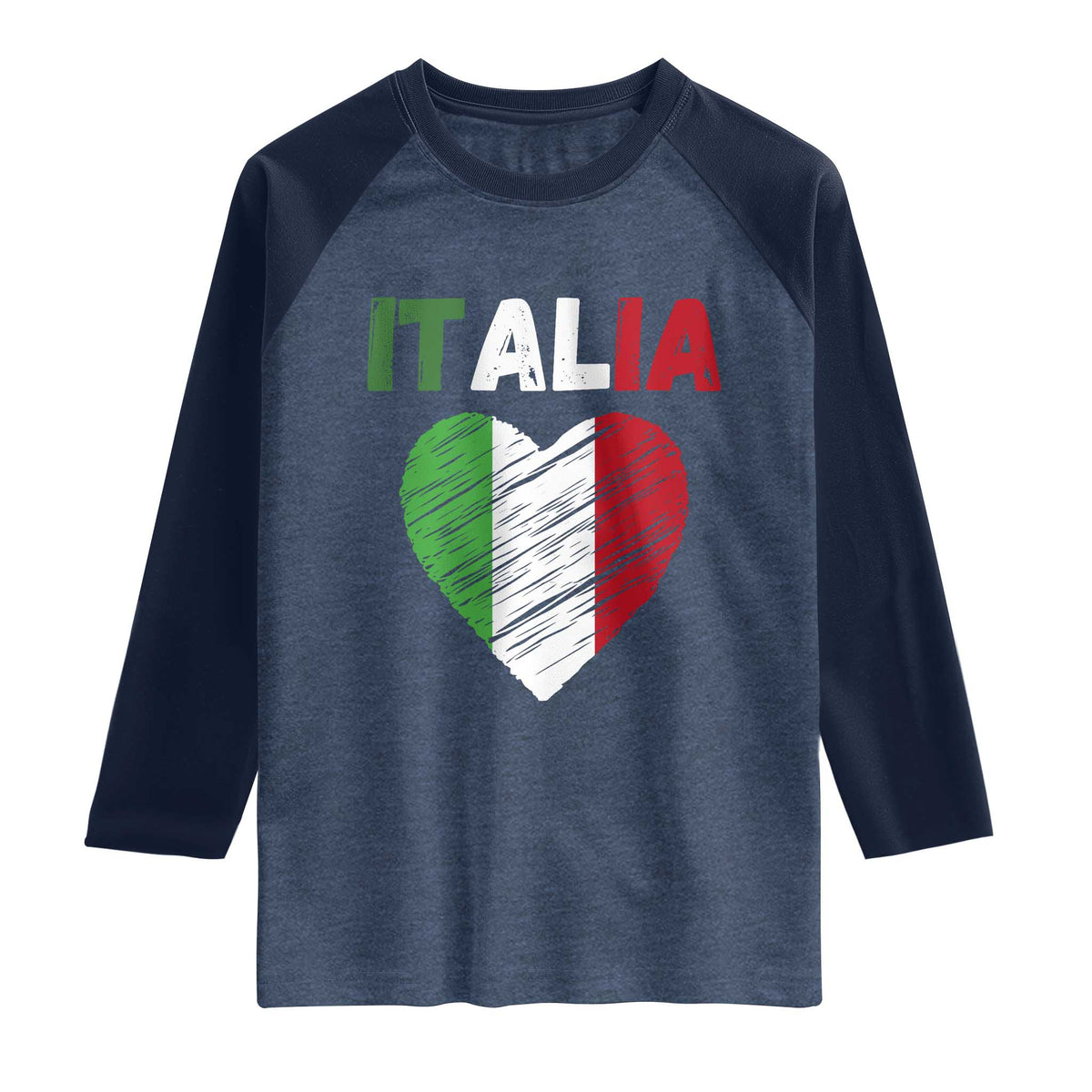 Italian Flag Heart Raglan Shirt Retro Vintage Italia Graphic TS10 Heather Denim Navy Print Your Wear