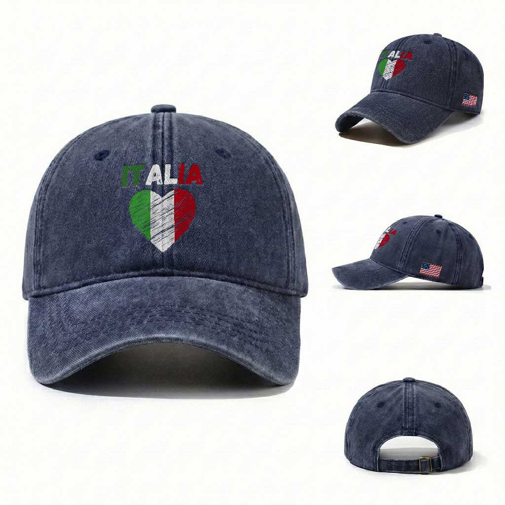 Italian Flag Heart Washed Cotton Baseball Cap Retro Vintage Italia Graphic TS10 Washed Cap Universal Fit Navy Print Your Wear
