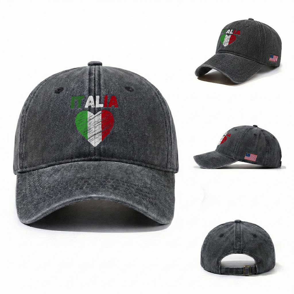 Italian Flag Heart Washed Cotton Baseball Cap Retro Vintage Italia Graphic TS10 Washed Cap Universal Fit Dark Gray Print Your Wear