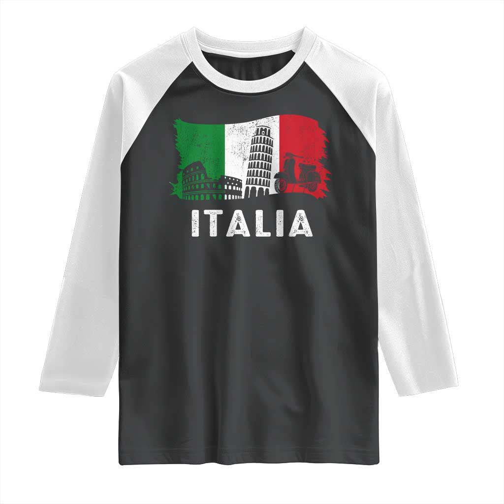 Italian Flag Raglan Shirt Distressed Style Pisa Tower Colosseum Classic Scooter TS10 Black White Print Your Wear