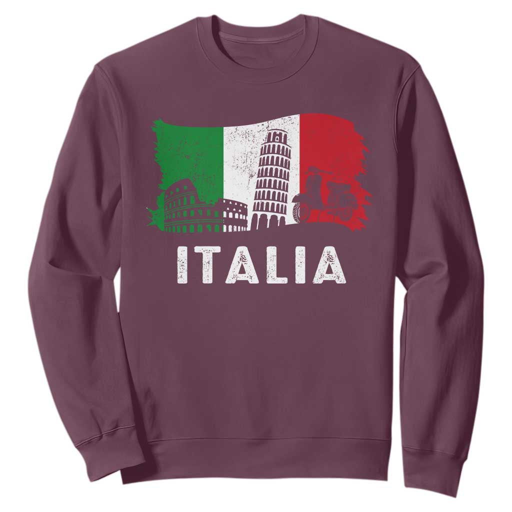 Italian Flag Sweatshirt Distressed Style Pisa Tower Colosseum Classic Scooter TS10 Maroon Print Your Wear