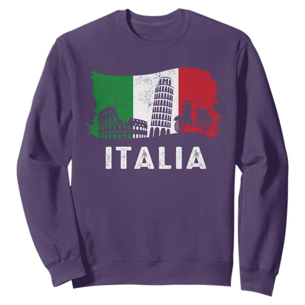 Italian Flag Sweatshirt Distressed Style Pisa Tower Colosseum Classic Scooter TS10 Purple Print Your Wear