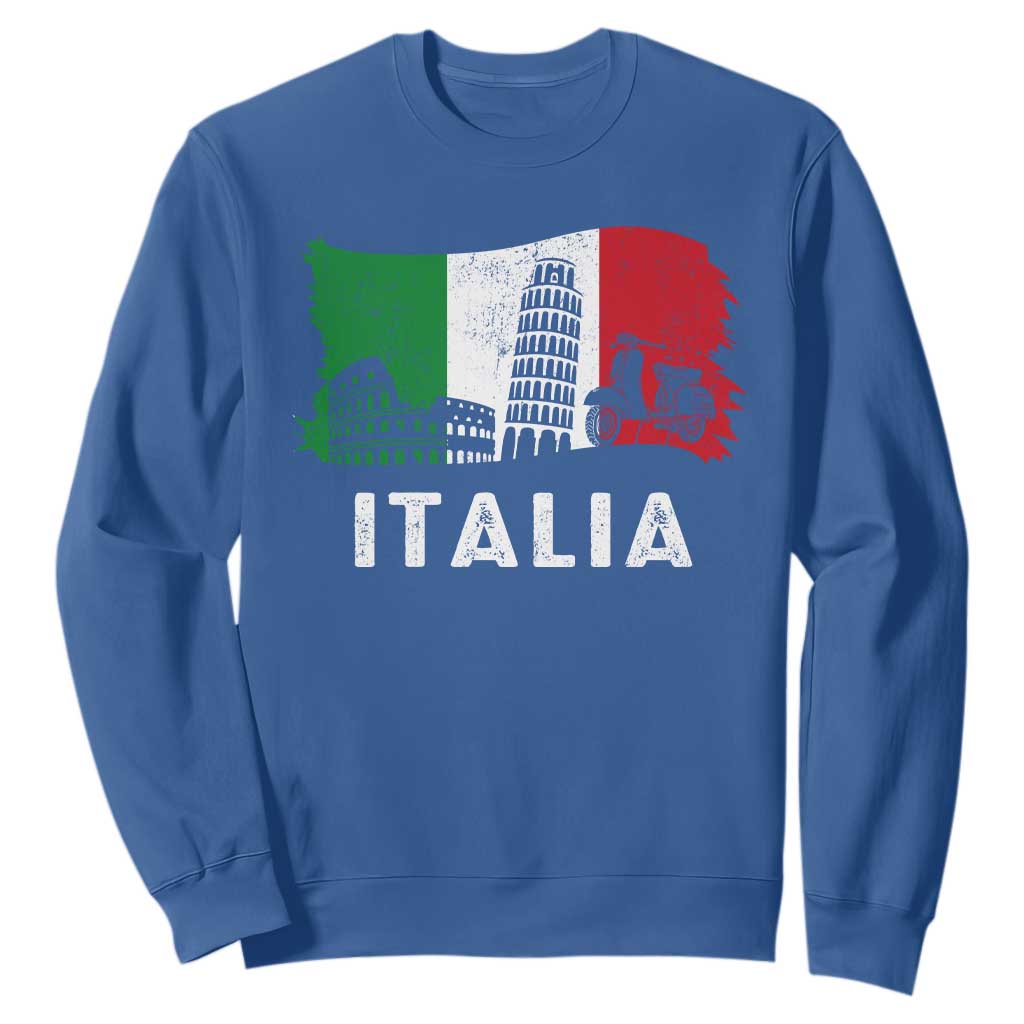 Italian Flag Sweatshirt Distressed Style Pisa Tower Colosseum Classic Scooter TS10 Royal Blue Print Your Wear