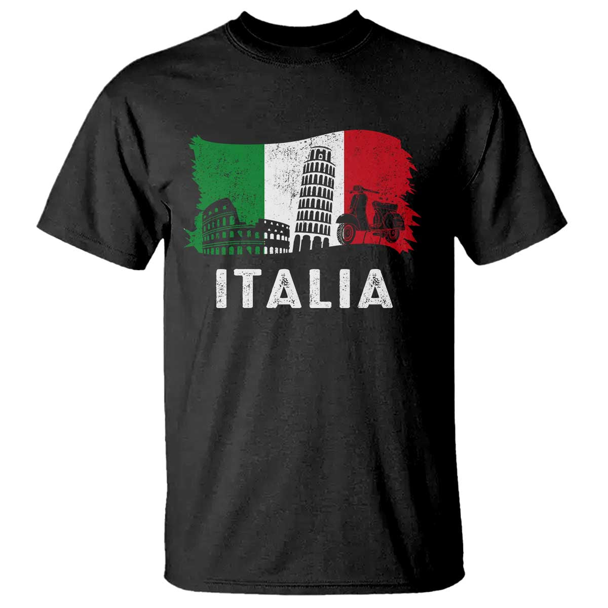 Italian Flag T Shirt Distressed Style Pisa Tower Colosseum Classic Scooter TS10 Black Print Your Wear