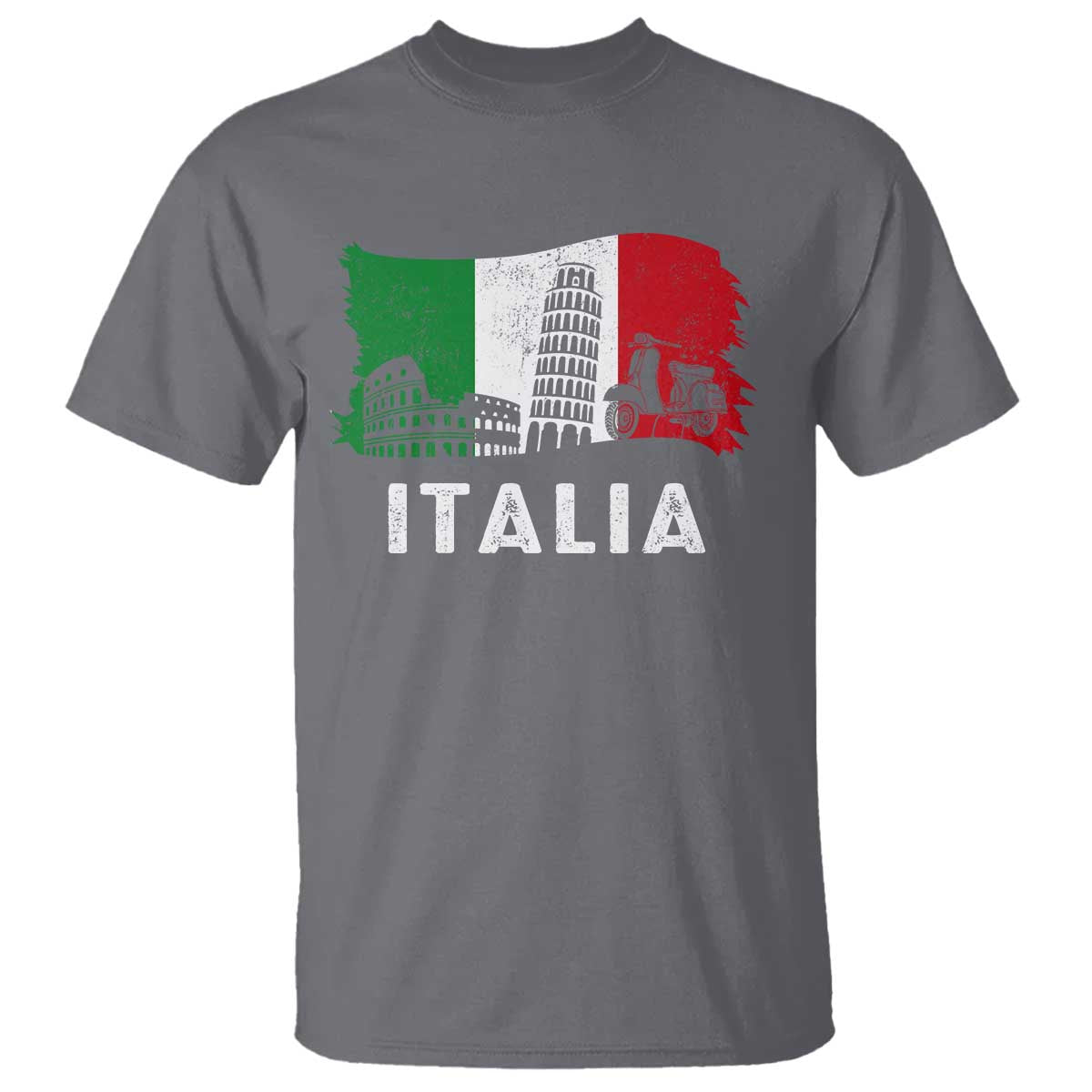 Italian Flag T Shirt Distressed Style Pisa Tower Colosseum Classic Scooter TS10 Charcoal Print Your Wear