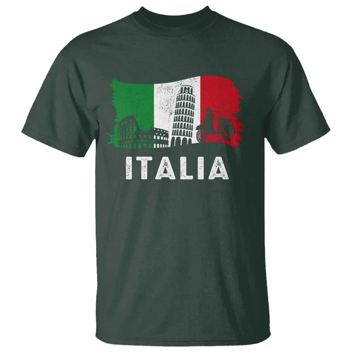 Italian Flag T Shirt Distressed Style Pisa Tower Colosseum Classic Scooter TS10 Dark Forest Green Print Your Wear