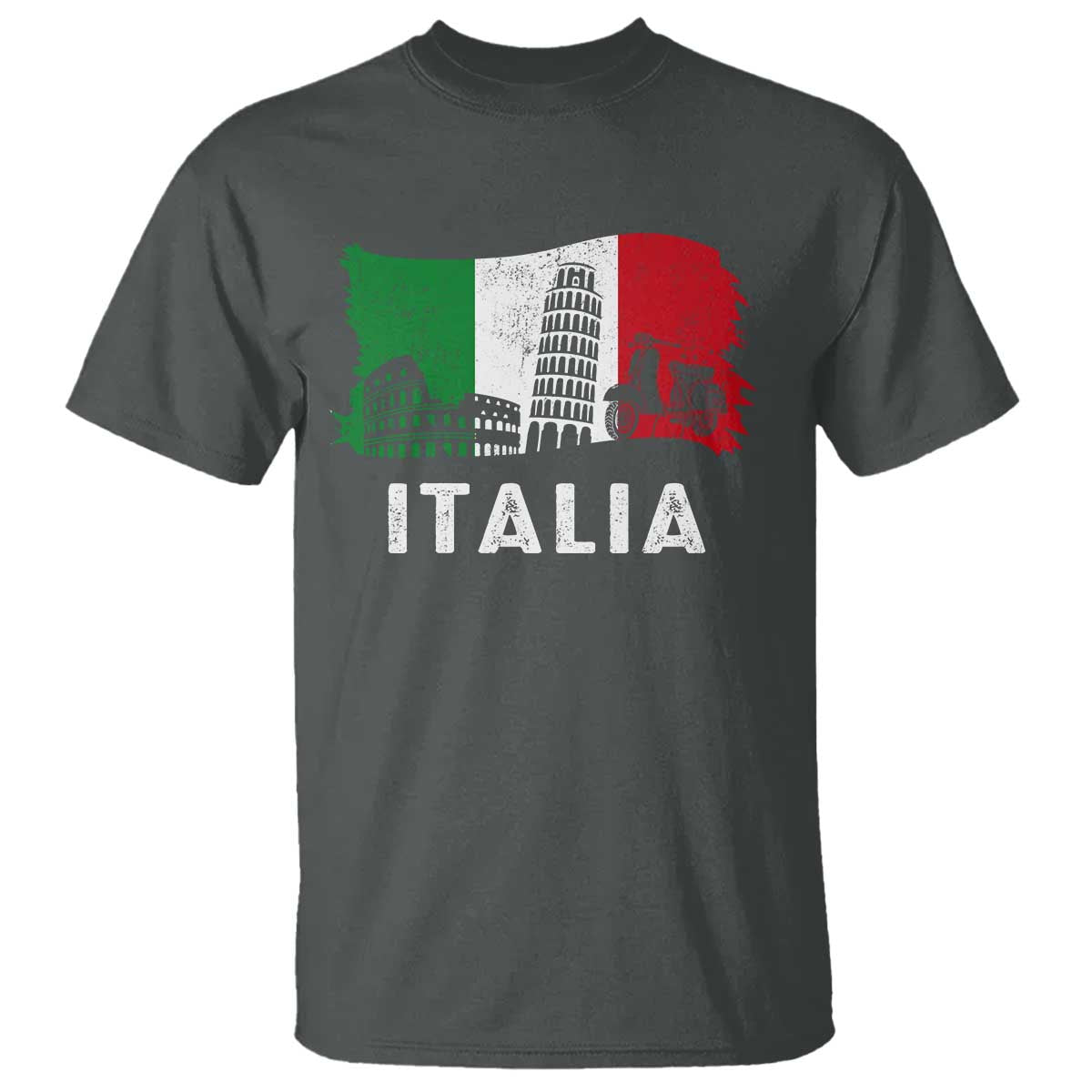 Italian Flag T Shirt Distressed Style Pisa Tower Colosseum Classic Scooter TS10 Dark Heather Print Your Wear