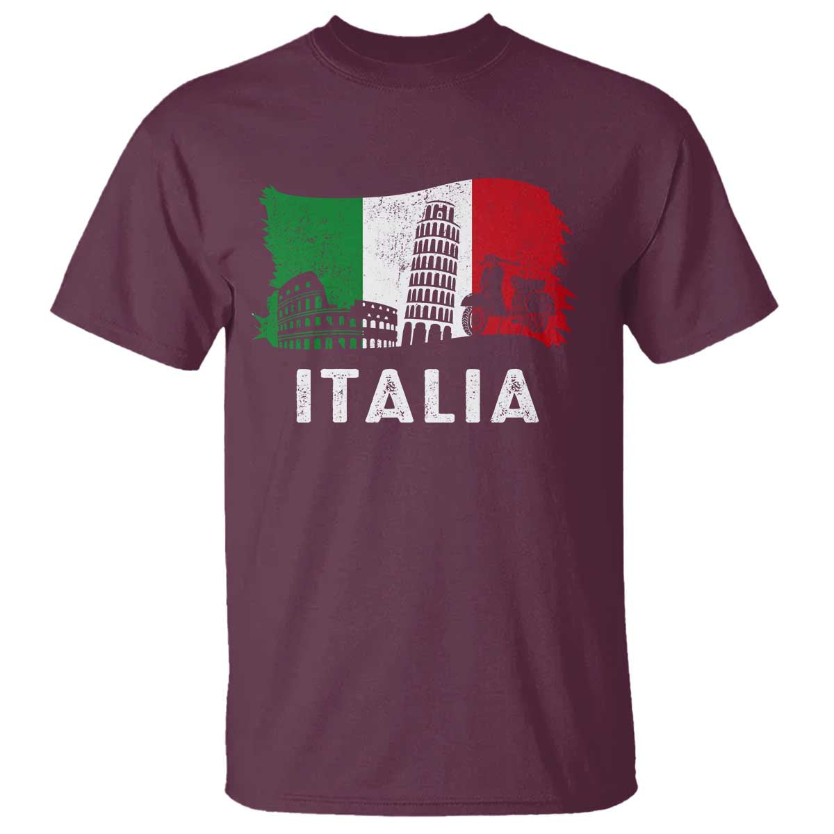 Italian Flag T Shirt Distressed Style Pisa Tower Colosseum Classic Scooter TS10 Maroon Print Your Wear