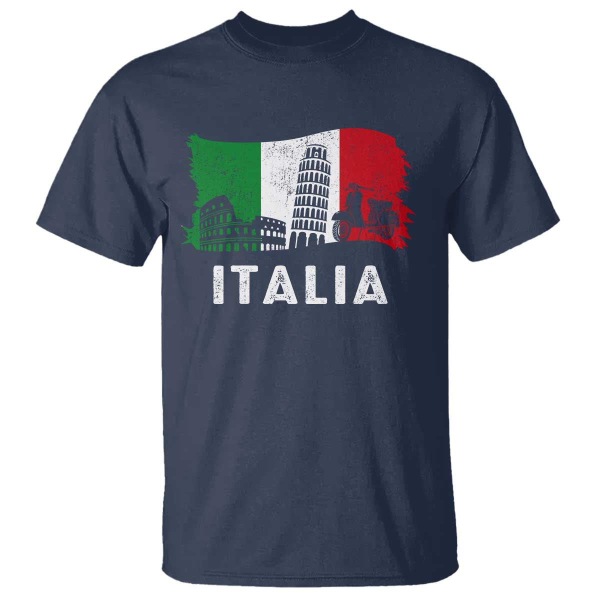 Italian Flag T Shirt Distressed Style Pisa Tower Colosseum Classic Scooter TS10 Navy Print Your Wear