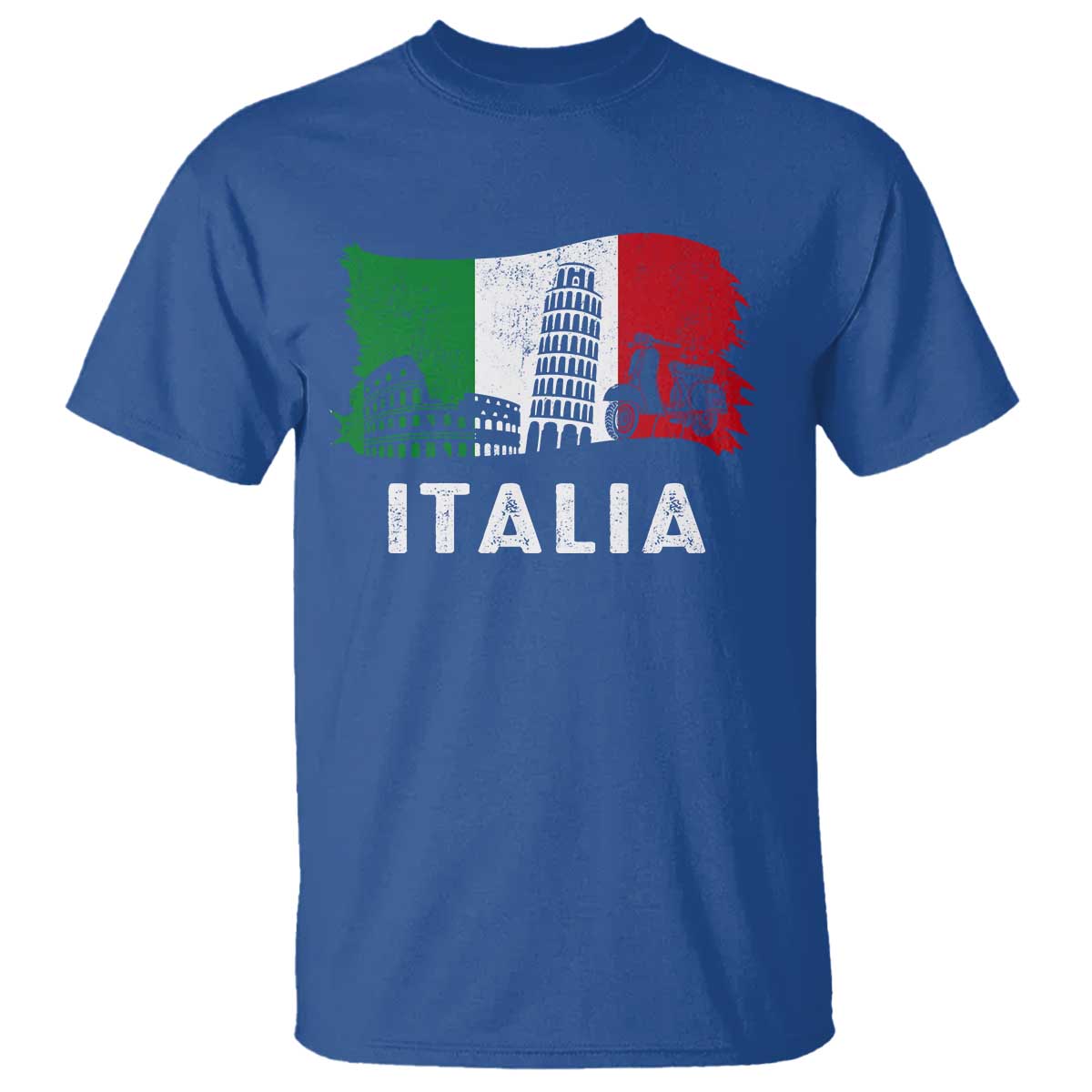 Italian Flag T Shirt Distressed Style Pisa Tower Colosseum Classic Scooter TS10 Royal Blue Print Your Wear