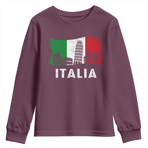 Italian Flag Youth Sweatshirt Distressed Style Pisa Tower Colosseum Classic Scooter TS10 Maroon Print Your Wear