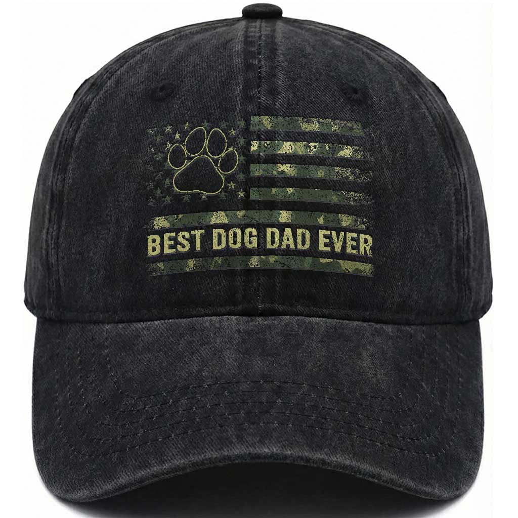Best Dog Dad Ever Washed Cotton Baseball Cap Camo American Flag USA Fathers Day Gift for Dog Lovers TS10 Washed Cap Universal Fit Black Print Your Wear