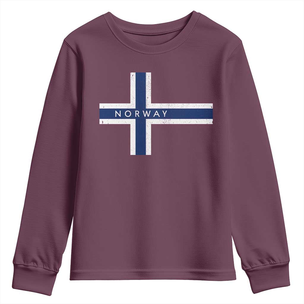 Norway Flag Cross Youth Sweatshirt Vintage Distressed Norwegian Heritage Patriotic Scandinavian Graphic TS10 Maroon Print Your Wear