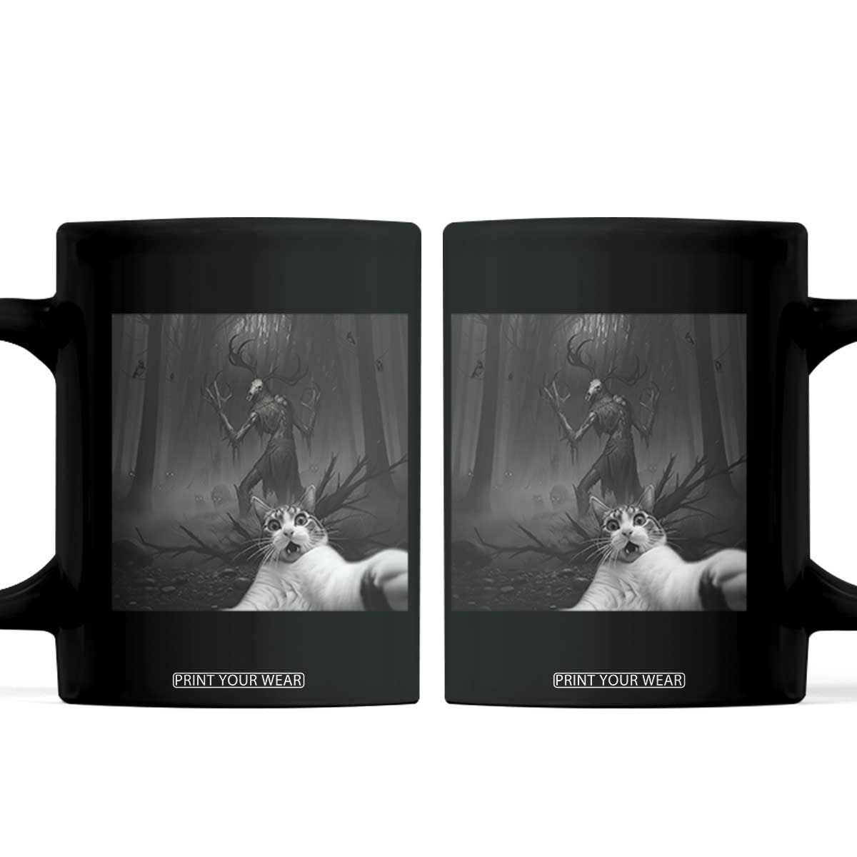 Cat Selfie With Wendigo Coffee Mug Horror Halloween Funny Cat Gifts TS10 Black Print Your Wear