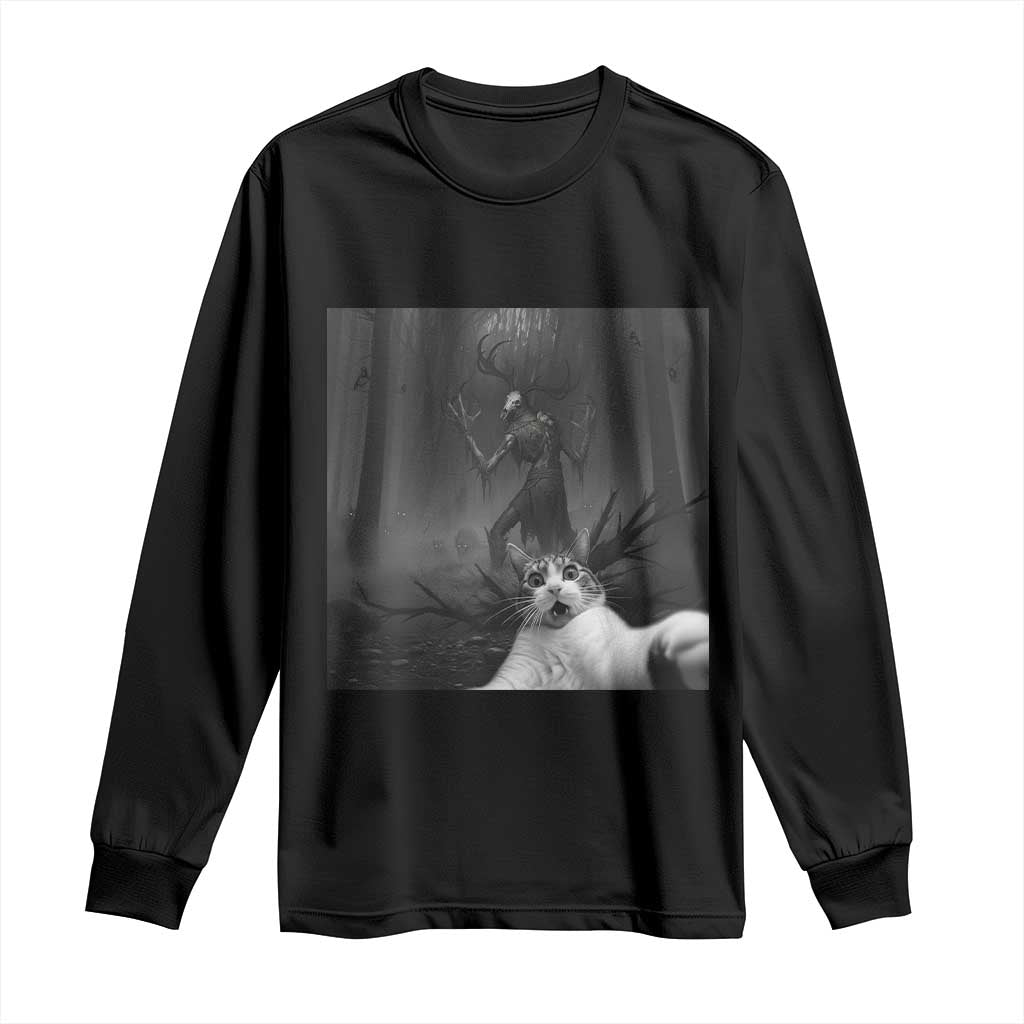 Cat Selfie With Wendigo Long Sleeve Shirt Horror Halloween Funny Cat Gifts TS10 Black Print Your Wear