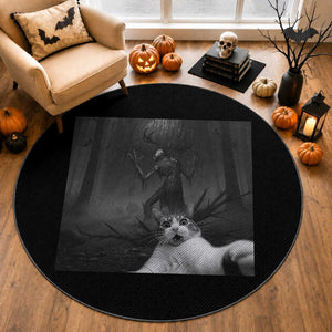 Cat Selfie With Wendigo Round Rug Horror Halloween Funny Cat Gifts