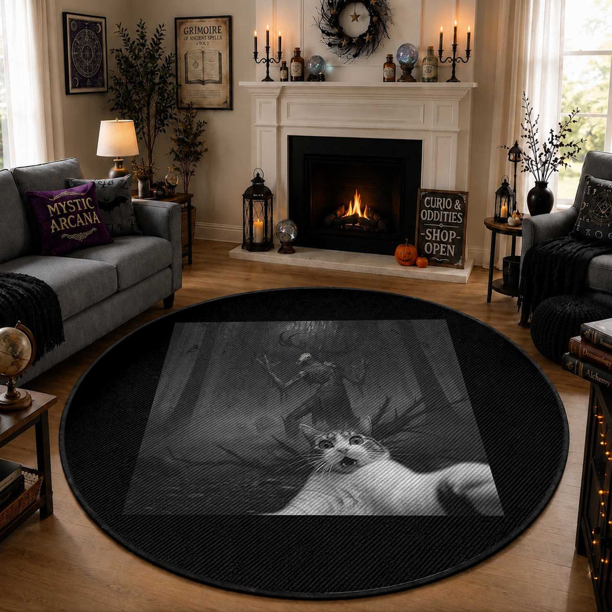 Cat Selfie With Wendigo Round Rug Horror Halloween Funny Cat Gifts
