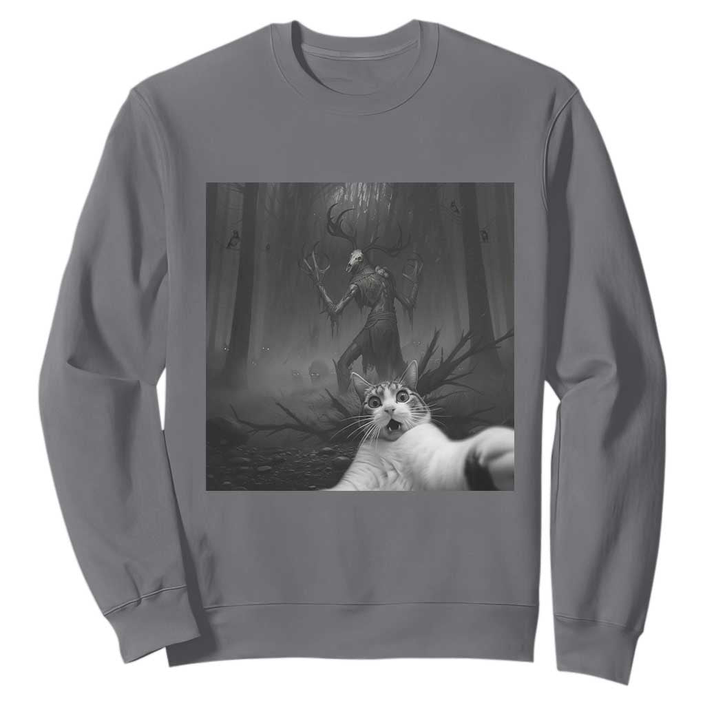 Cat Selfie With Wendigo Sweatshirt Horror Halloween Funny Cat Gifts TS10 Charcoal Print Your Wear