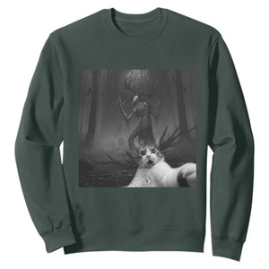 Cat Selfie With Wendigo Sweatshirt Horror Halloween Funny Cat Gifts TS10 Dark Forest Green Print Your Wear