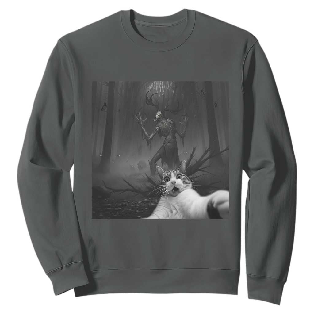 Cat Selfie With Wendigo Sweatshirt Horror Halloween Funny Cat Gifts TS10 Dark Heather Print Your Wear