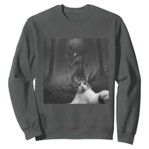 Cat Selfie With Wendigo Sweatshirt Horror Halloween Funny Cat Gifts TS10 Dark Heather Print Your Wear