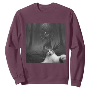 Cat Selfie With Wendigo Sweatshirt Horror Halloween Funny Cat Gifts TS10 Maroon Print Your Wear