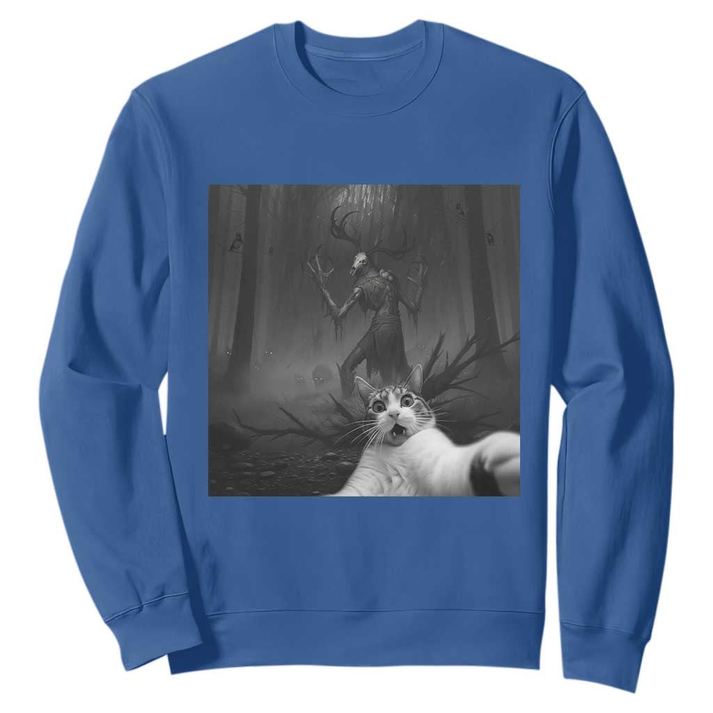 Cat Selfie With Wendigo Sweatshirt Horror Halloween Funny Cat Gifts TS10 Royal Blue Print Your Wear