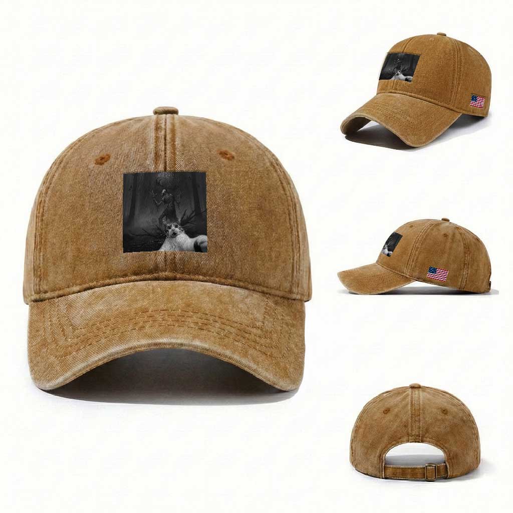 Cat Selfie With Wendigo Washed Cotton Baseball Cap Horror Halloween Funny Cat Gifts TS10 Washed Cap Universal Fit Yellow Ochre Print Your Wear