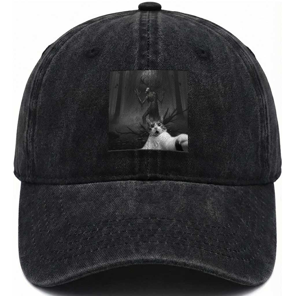 Cat Selfie With Wendigo Washed Cotton Baseball Cap Horror Halloween Funny Cat Gifts TS10 Print Your Wear