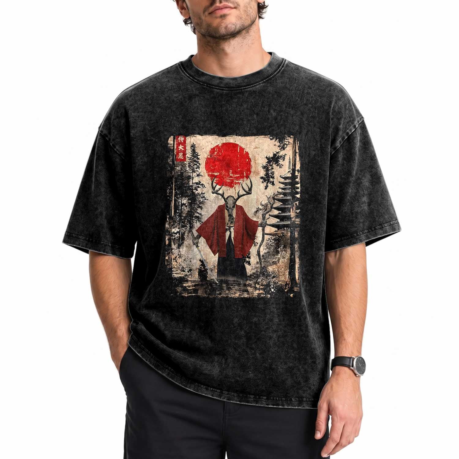 Samurai Wendigo Washed Cotton T-Shirt Japanese Vintage Graphic Ukiyo-e Art Funny Dark Fantasy TS10 Print Your Wear