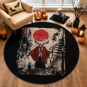 Samurai Wendigo Round Rug Japanese Vintage Graphic Ukiyo-e Art Funny Dark Fantasy