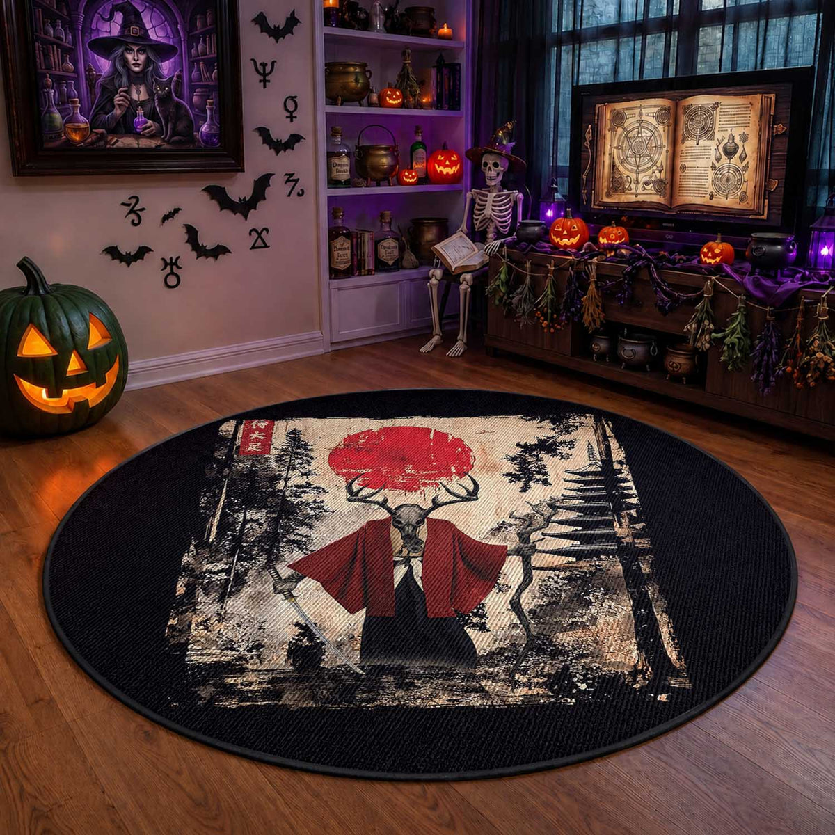 Samurai Wendigo Round Rug Japanese Vintage Graphic Ukiyo-e Art Funny Dark Fantasy
