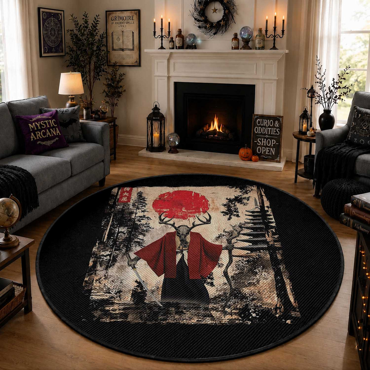 Samurai Wendigo Round Rug Japanese Vintage Graphic Ukiyo-e Art Funny Dark Fantasy