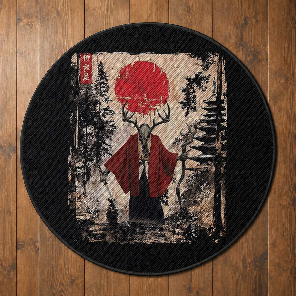 Samurai Wendigo Round Rug Japanese Vintage Graphic Ukiyo-e Art Funny Dark Fantasy