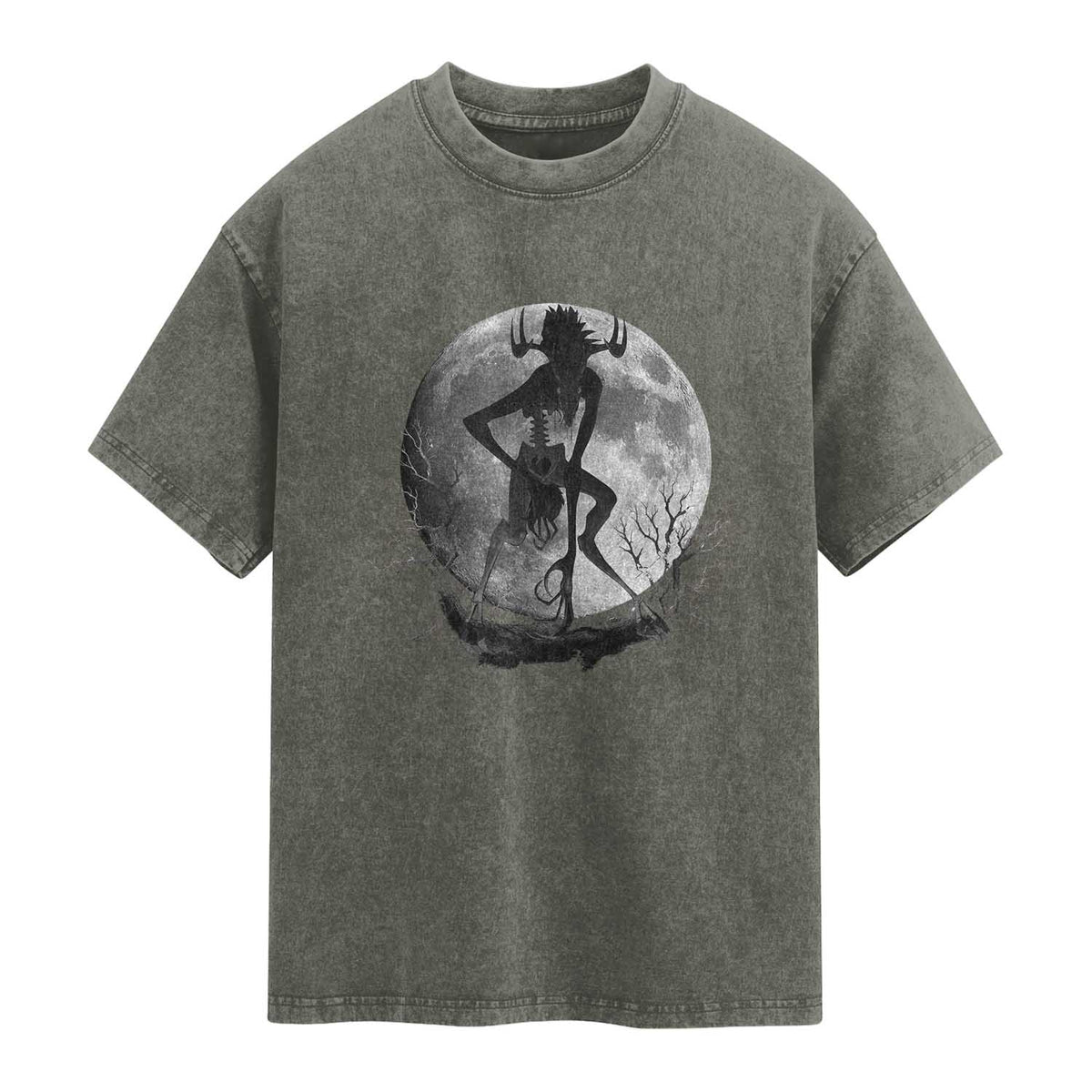 Wendigo Washed Cotton T-Shirt Cryptid Horror Moon Mythical Creature Halloween TS10 Olive Green Print Your Wear