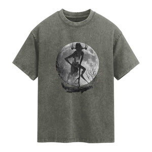 Wendigo Washed Cotton T-Shirt Cryptid Horror Moon Mythical Creature Halloween TS10 Olive Green Print Your Wear